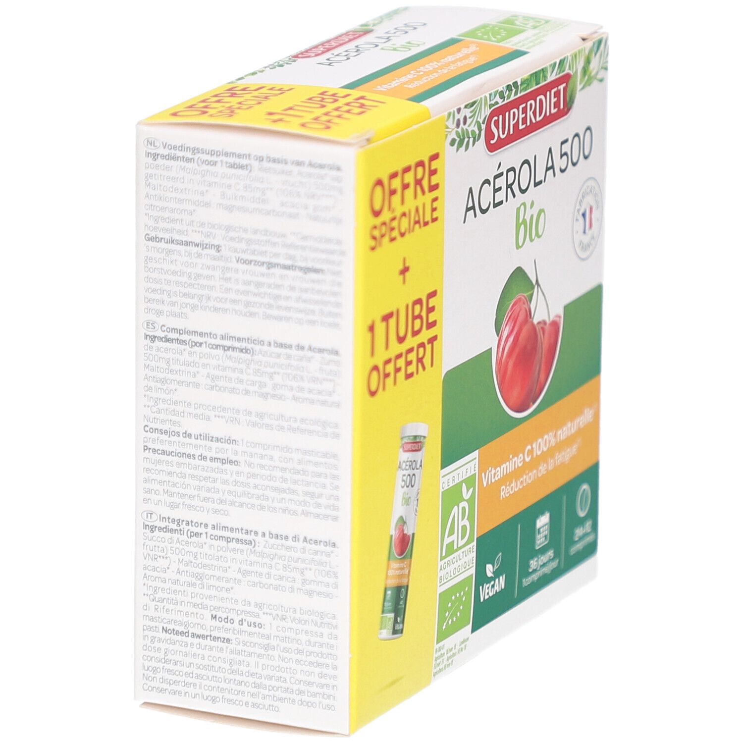 Vue latérale de la boîte Superdiet Acérola 500 Bio. Textes multilingues. Avec tube offert.
