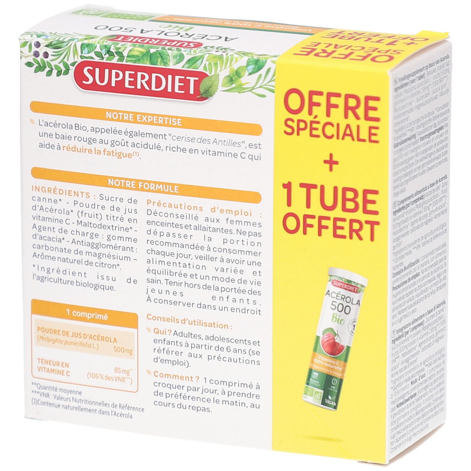 Dos de la boîte Superdiet Acérola 500 Bio. Texte sur ingrédients et utilisation. Avec tube.