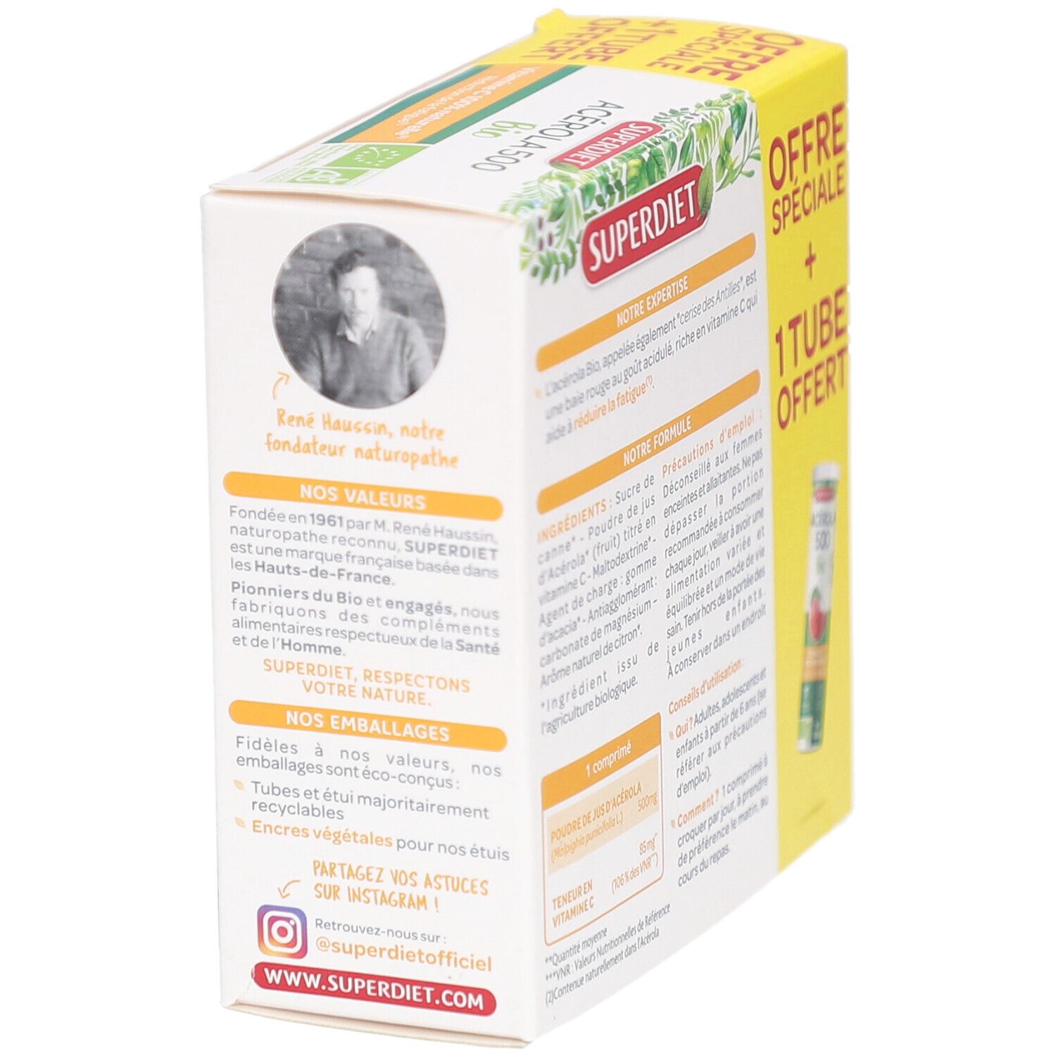 Côté de la boîte Superdiet Acérola 500 Bio. Informations sur l'entreprise. Avec tube.
