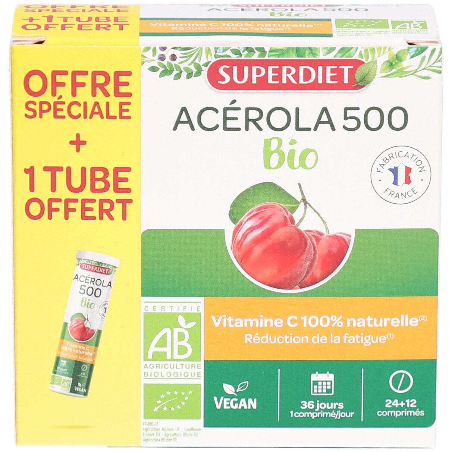 Boîte Superdiet Acérola 500 Bio avec tube. Inscriptions : AB, Vegan, 36 jours, Vitamine C. Image de cerises.