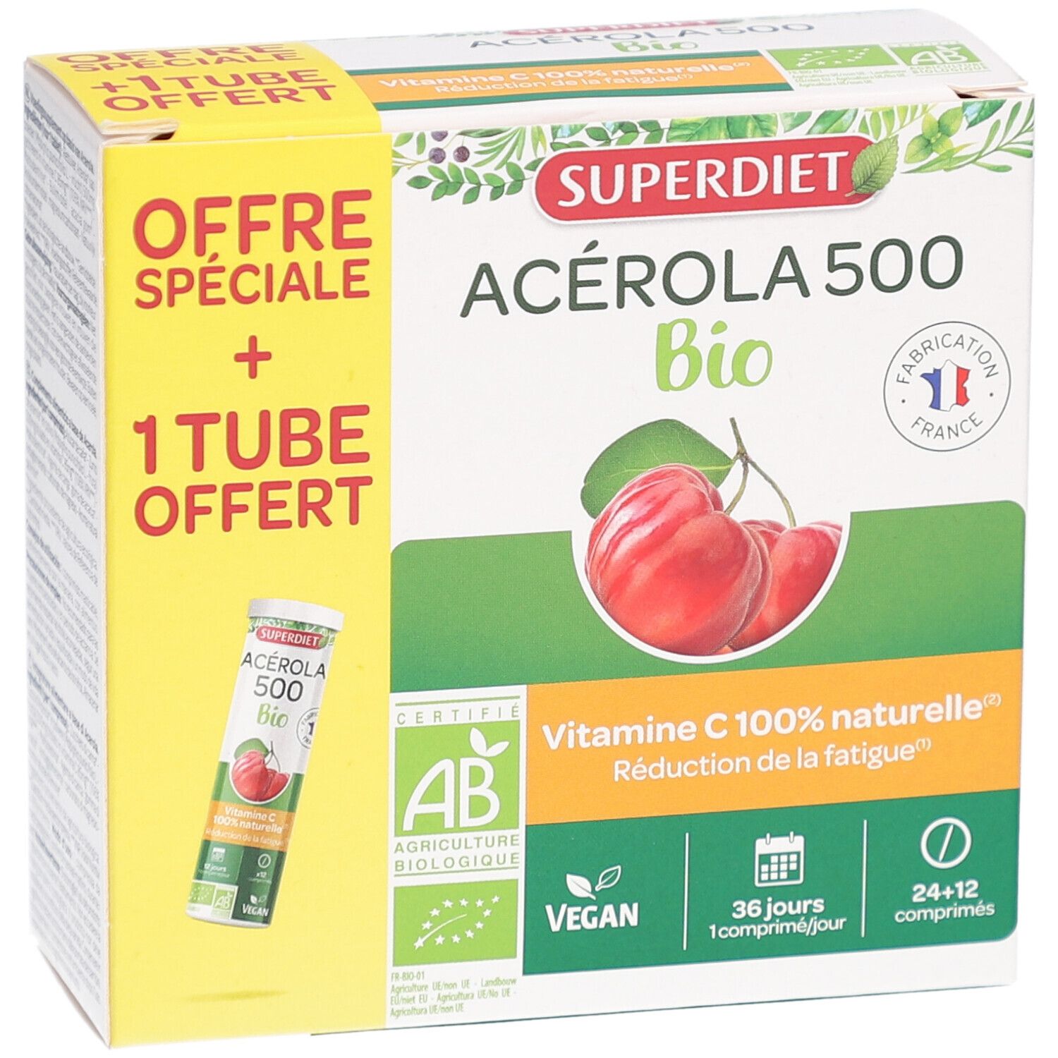 Boîte Superdiet Acérola 500 Bio avec tube. Inscriptions : AB, Vegan, 36 jours, Vitamine C. Image de cerises.