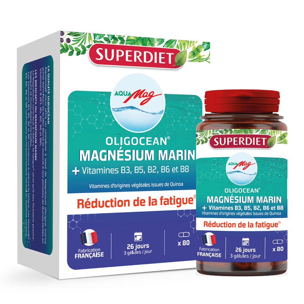 Boîte et flacon. Inscription: Oligocean Aqua Mag Magnésium Marin, Vitamines B3, B5, B2, B6, B8. Réduit la fatigue. Fabriqué en France.
