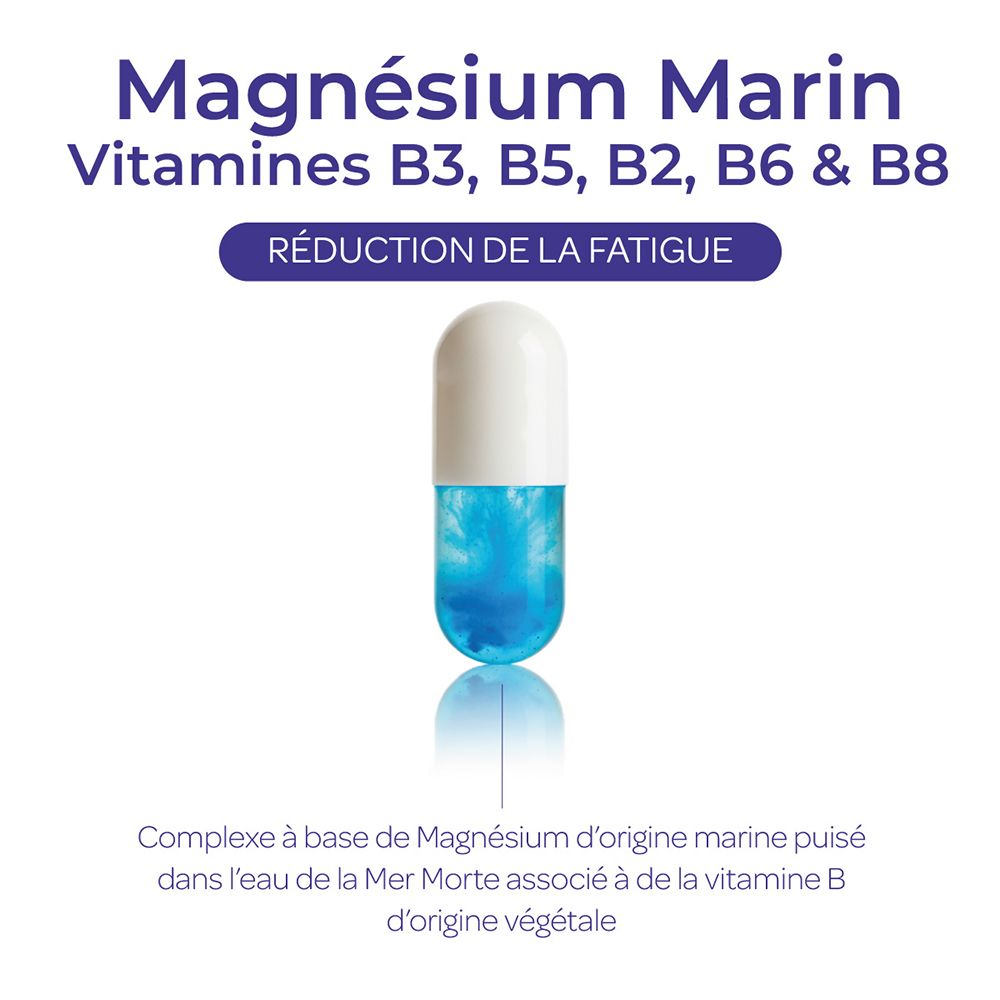 Gélule avec contenu bleu. Texte: Magnésium Marin, Vitamines B3, B5, B2, B6 & B8. Réduit la fatigue. Base de magnésium marin.