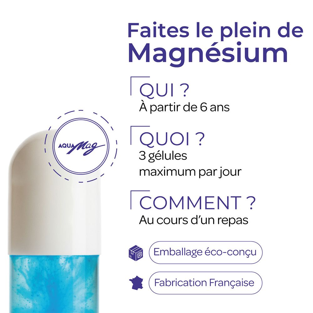Texte: Faites le plein de Magnésium. À partir de 6 ans. 3 gélules par jour. Au cours d'un repas. Emballage éco-conçu. Fabriqué en France.