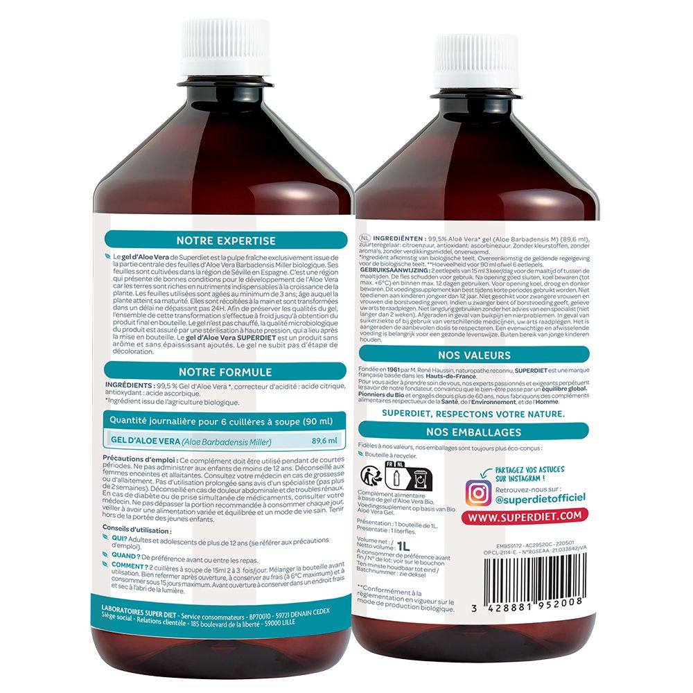 Dos de la bouteille. Textes en français. Informations sur les ingrédients, l'utilisation et les valeurs nutritionnelles. Code-barres et logo.