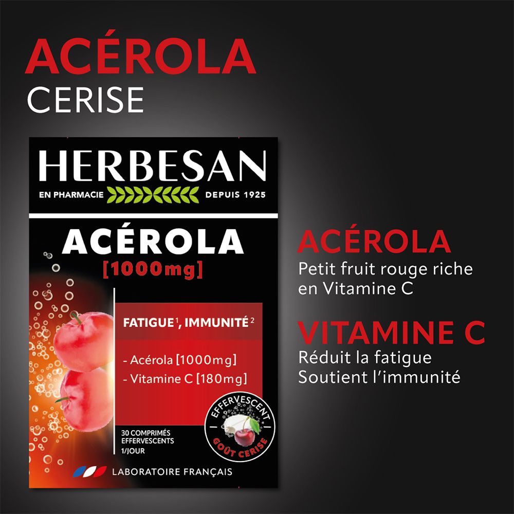 Publicité Herbesan® Acerola 1000 Brause. Fond noir. Logo et nom de marque. Texte: Acerola, 1000mg, Fatigue, Immunité. Illustration de cerises rouges.