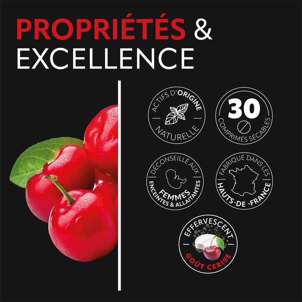 Gros plan de cerises rouges et feuilles. Texte: Ingrédients naturels, 30 comprimés, déconseillé aux femmes enceintes et allaitantes, fabriqué en France.