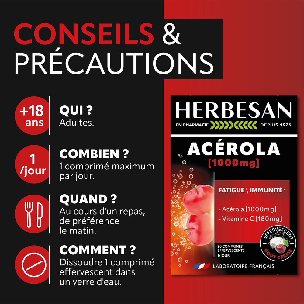 Infographie Herbesan® Acerola 1000 Brause. Texte: Adultes, 1 comprimé par jour, de préférence le matin. Dissoudre dans l'eau. Emballage du produit en arrière-plan.