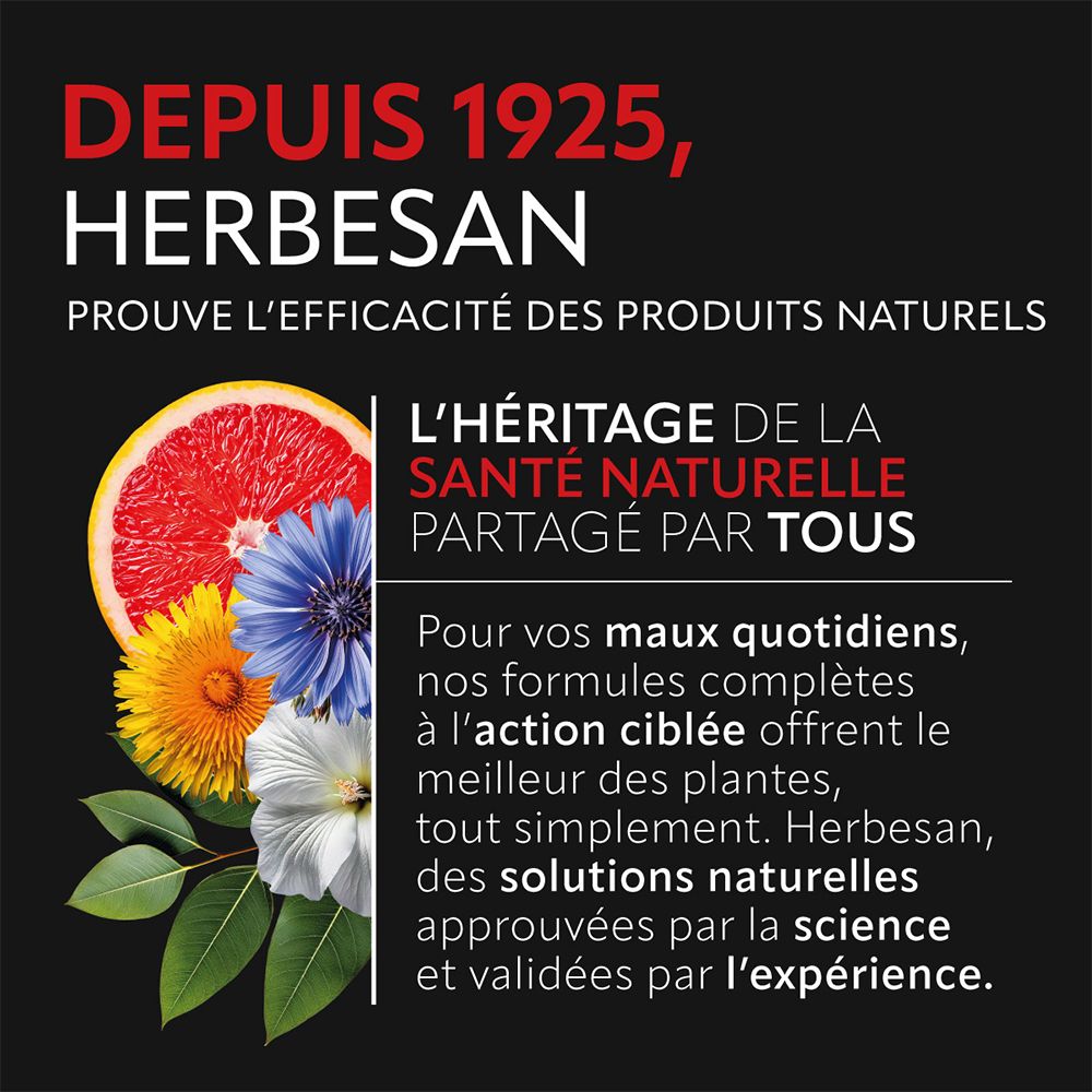Publicité Herbesan®. Fleurs colorées et pamplemousse. Texte: Depuis 1925, Herbesan, prouve l'efficacité des produits naturels. L'héritage de la santé naturelle partagé par tous.
