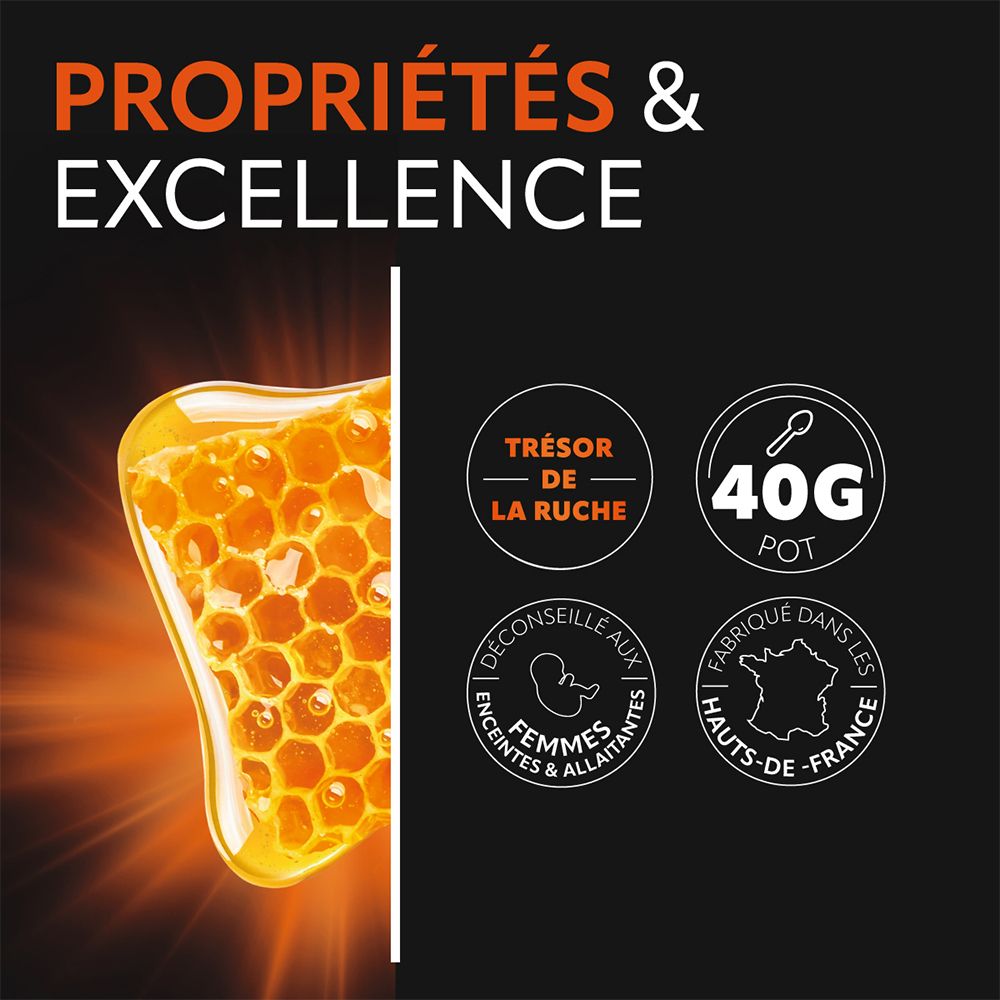 Illustration de rayons de miel. Texte: Propriétés & Excellence. Trésor de la ruche. Pot de 40g. Déconseillé aux femmes enceintes/allaitantes. Fabriqué en France.