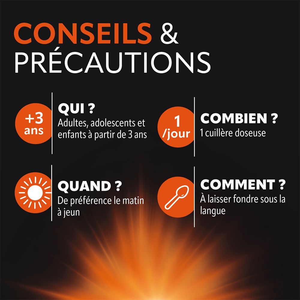Texte: Conseils & Précautions. +3 ans. 1 par jour. De préférence le matin à jeun. À laisser fondre sous la langue.