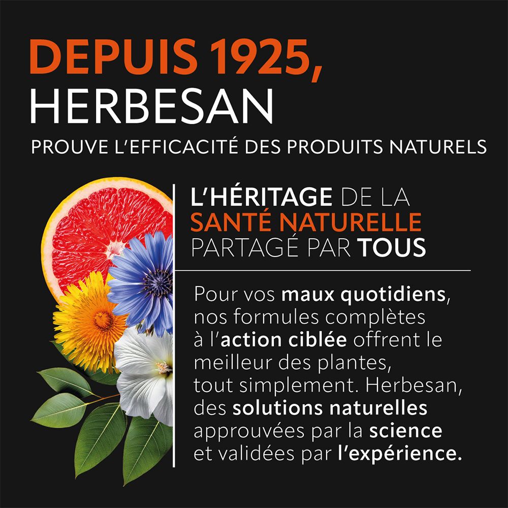 Texte: Depuis 1925, HERBESAN. Prouve l'efficacité des produits naturels. L'héritage de la santé naturelle partagé par tous. Fleurs et fruits.