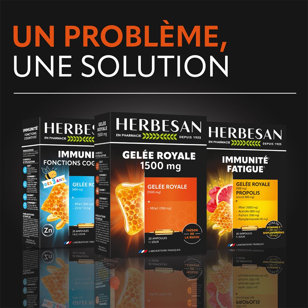 Trois emballages HERBESAN®. Texte: Un problème, une solution. Gelée Royale 1500 mg. Fonctions immunitaires. Immunité fatigue. 20 ampoules.