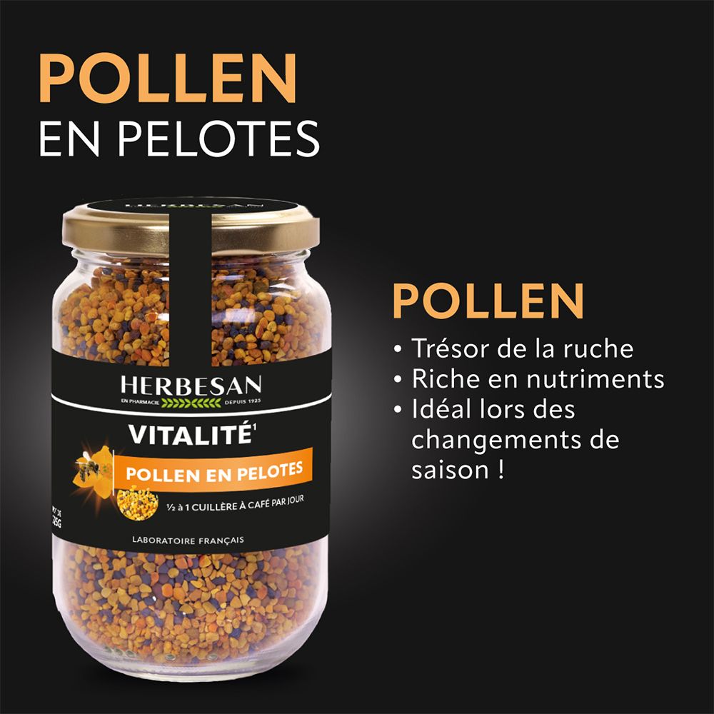 Fond noir avec Pollen en Pelotes. Texte : Trésor de la ruche, riche en nutriments, idéal pour les changements de saison.