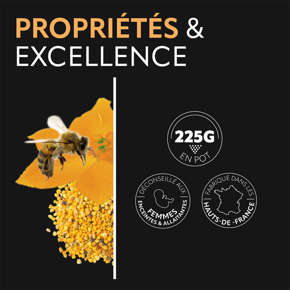 Graphique avec abeille, pollen et fleurs. Texte : Propriétés & Excellence. Sceaux : 225g, déconseillé aux femmes enceintes/allaitantes, Fabriqué en France.