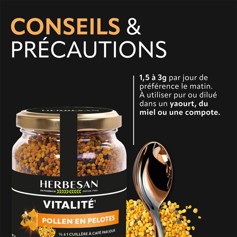 Pot de pollen et cuillère. Texte : Conseils & Précautions. Dosage : 1,5 à 3g par jour, de préférence le matin.