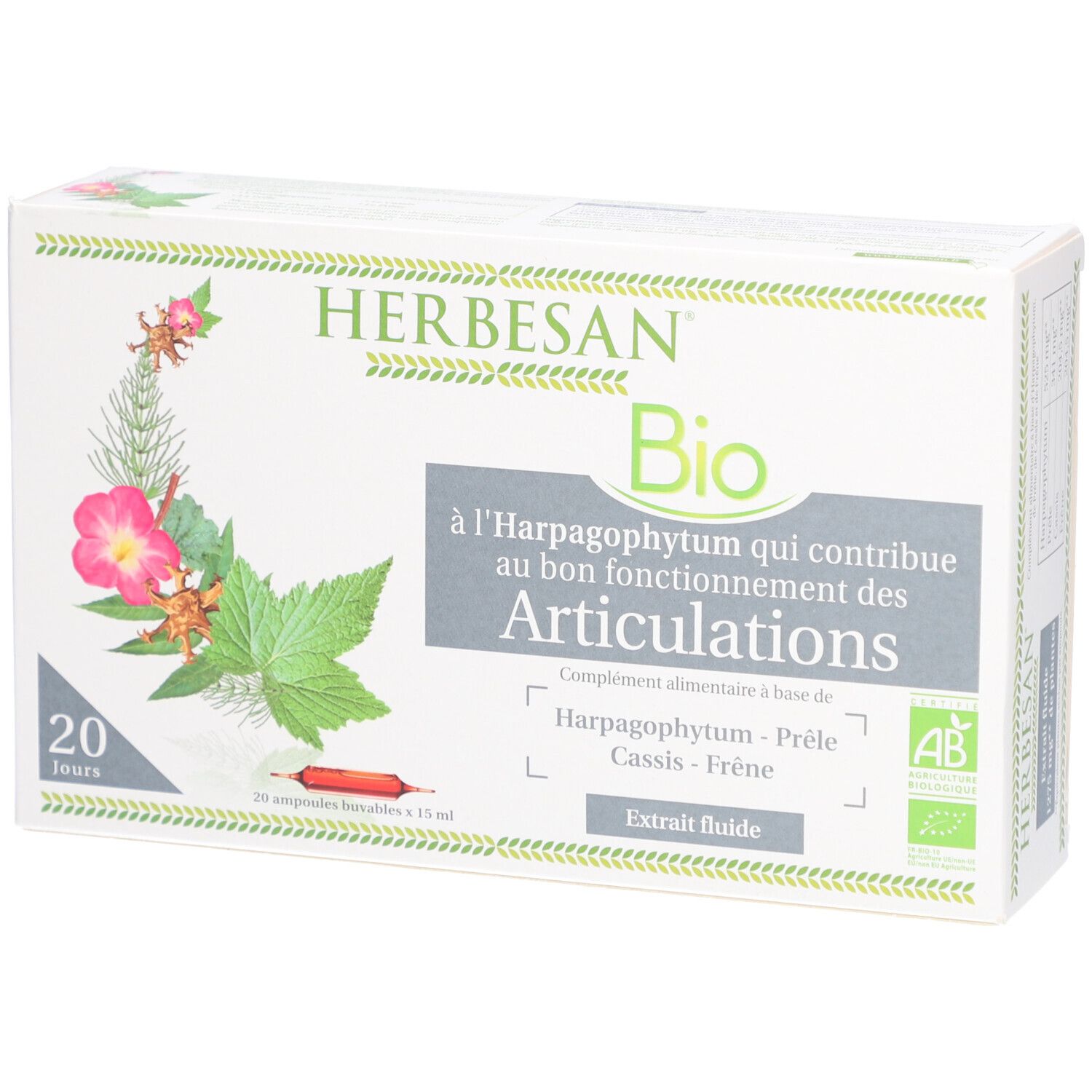 Boîte Herbesan Bio. Texte: à l'Harpagophytum qui contribue au bon fonctionnement des Articulations. 20 jours.