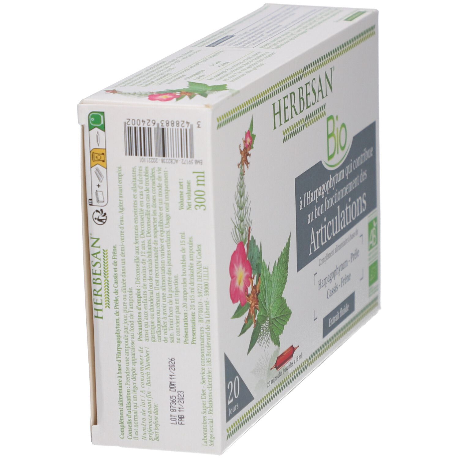 Boîte Herbesan Bio, en biais. Texte: à l'Harpagophytum qui contribue au bon fonctionnement des Articulations. 20 jours. Label AB.