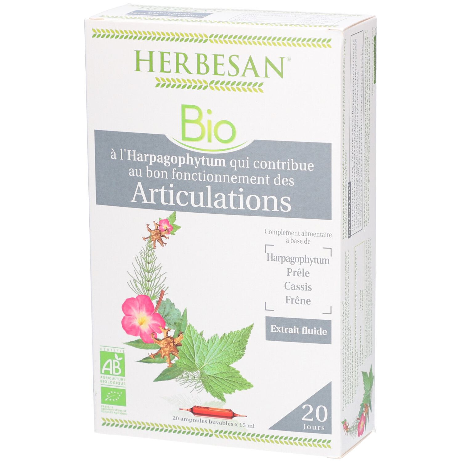 Boîte Herbesan Bio. Texte: à l'Harpagophytum qui contribue au bon fonctionnement des Articulations. 20 jours. Label AB.