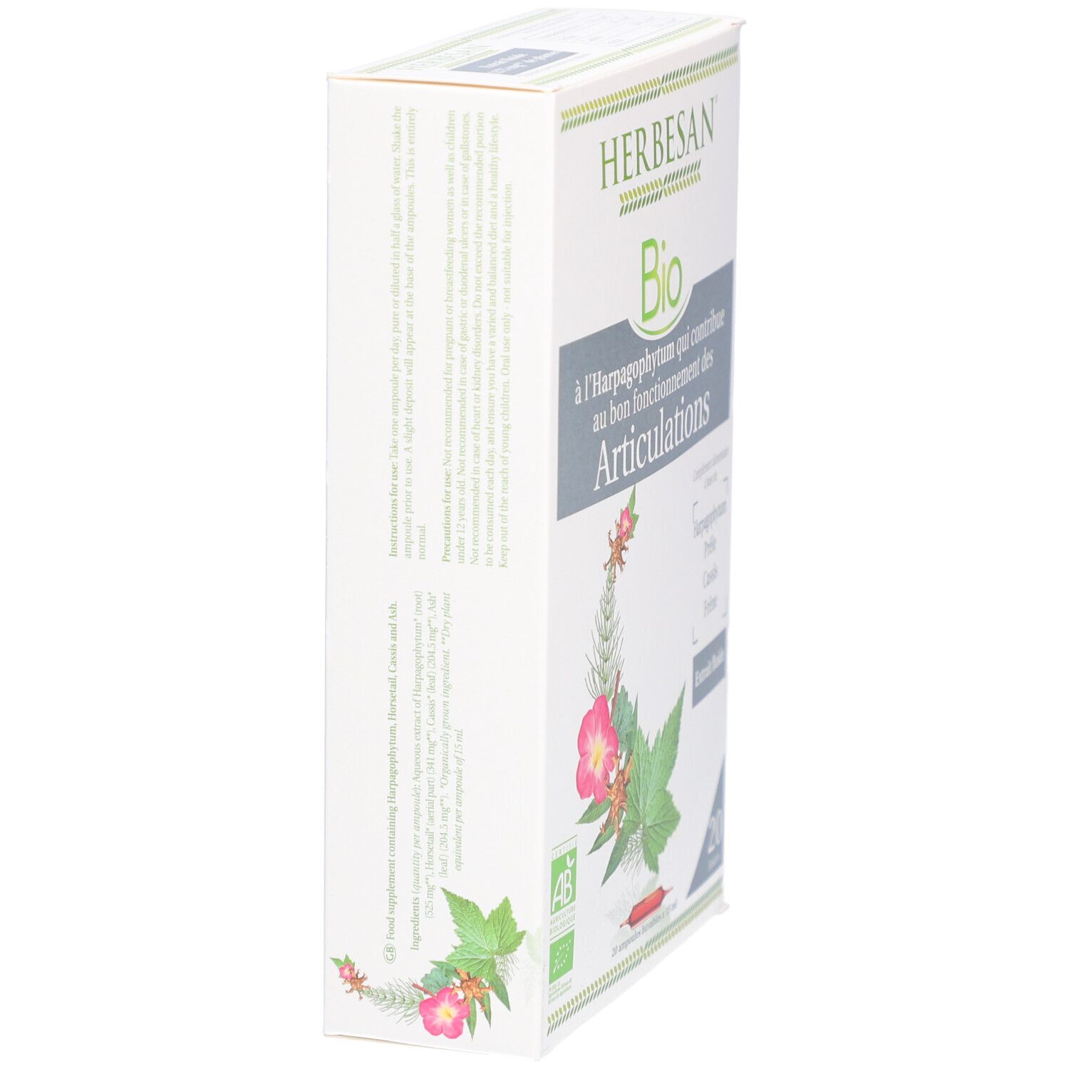 Boîte Herbesan Bio, en biais. Texte: à l'Harpagophytum qui contribue au bon fonctionnement des Articulations. Label AB.