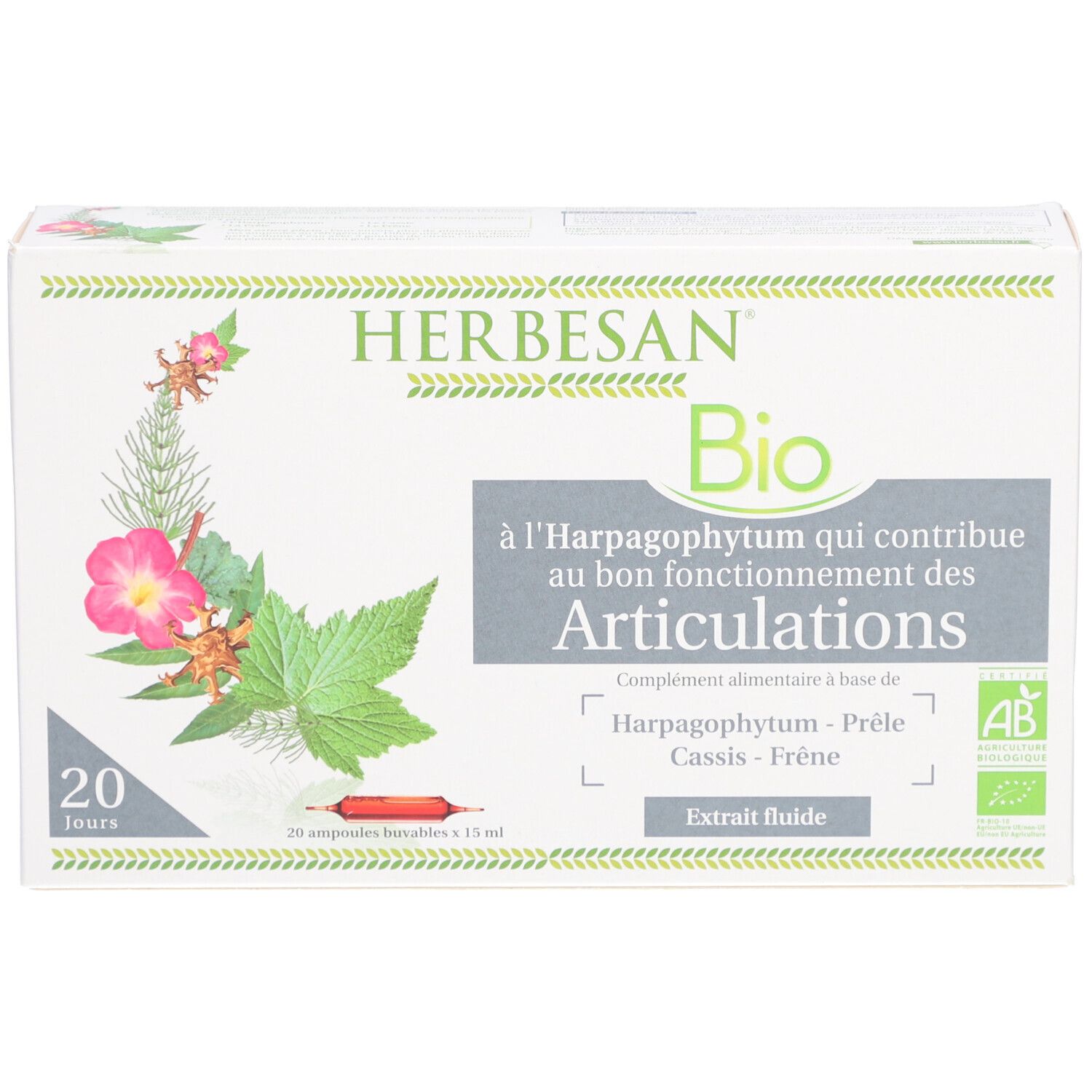 Boîte Herbesan Bio. Texte: à l'Harpagophytum qui contribue au bon fonctionnement des Articulations. 20 jours. Label AB.