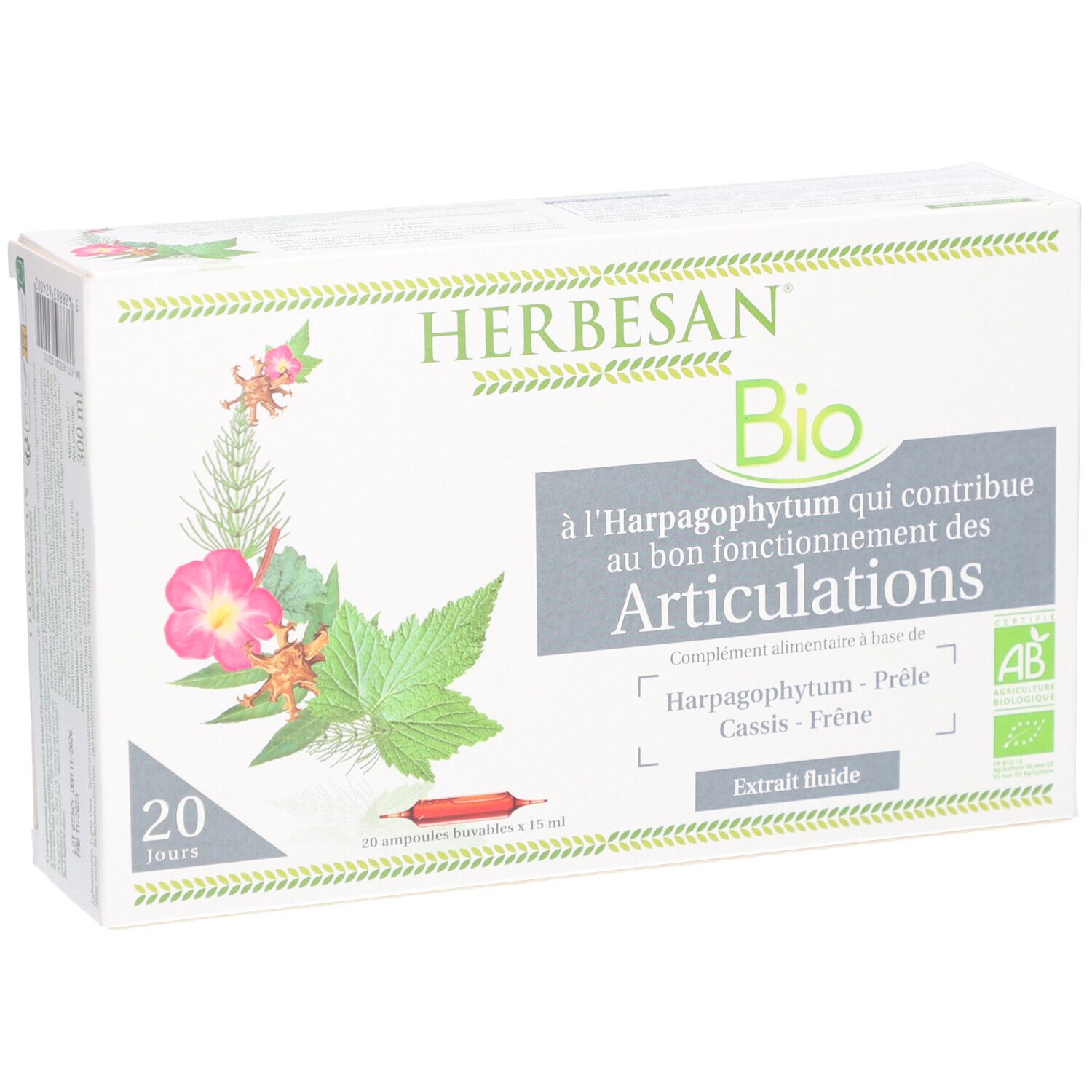 Boîte Herbesan Bio. Texte: à l'Harpagophytum qui contribue au bon fonctionnement des Articulations. 20 jours. Label AB.