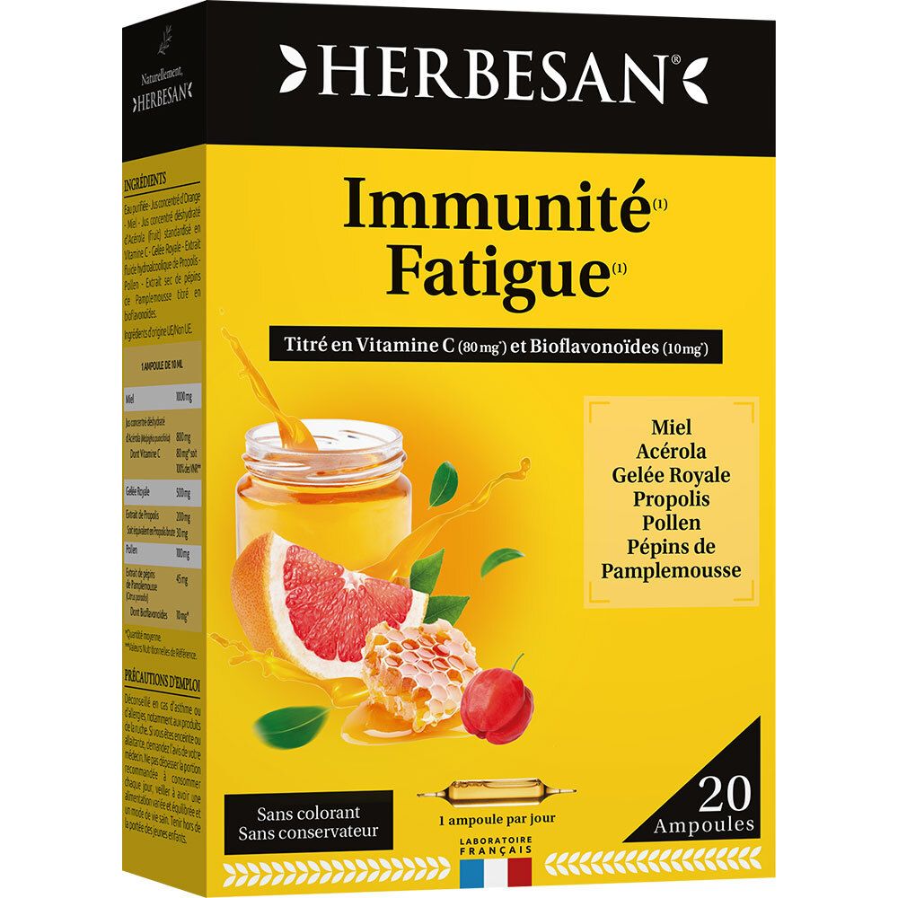 Boîte HERBESAN jaune avec nom du produit et ingrédients. 20 ampoules. Visuel avec fruits et miel.