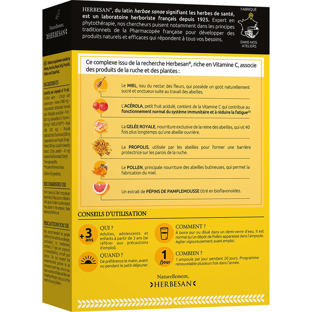 Dos de la boîte HERBESAN. Informations sur les ingrédients et l'utilisation. Fond jaune.