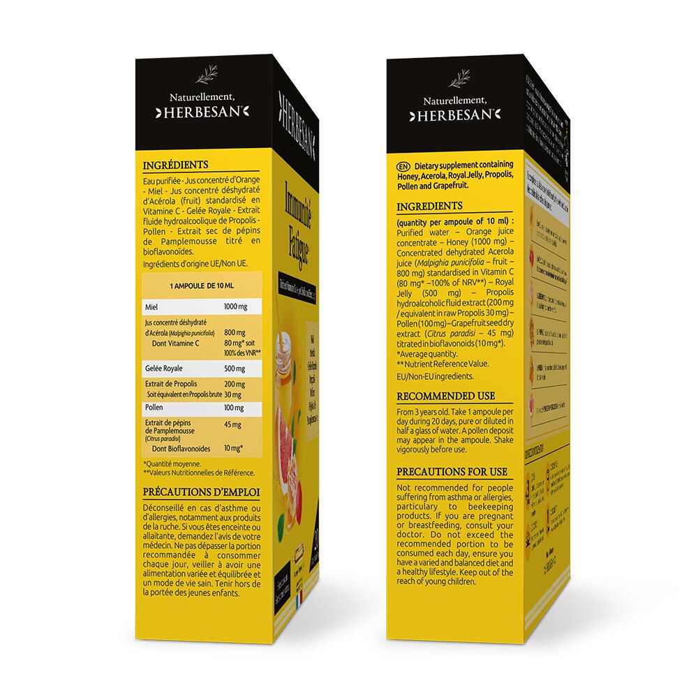Deux vues latérales de la boîte HERBESAN. Informations sur les ingrédients et l'utilisation. Fond jaune.