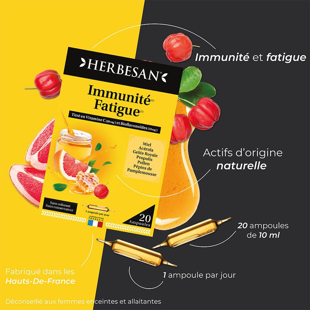Boîte HERBESAN avec ampoules et fruits. Fond jaune et noir. Nom du produit et 20 ampoules.