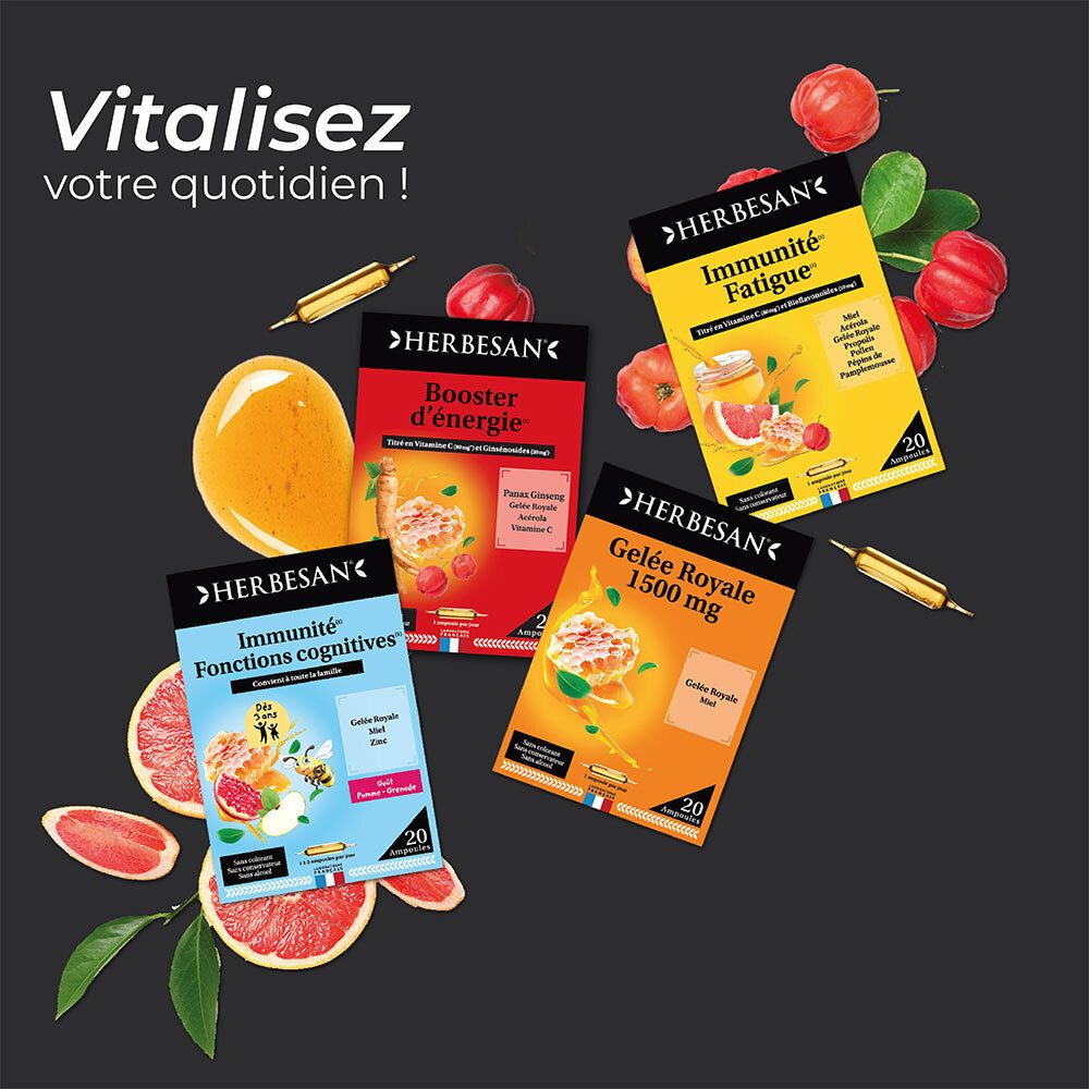 Plusieurs boîtes HERBESAN. Différents produits avec 20 ampoules. Fruits et miel.