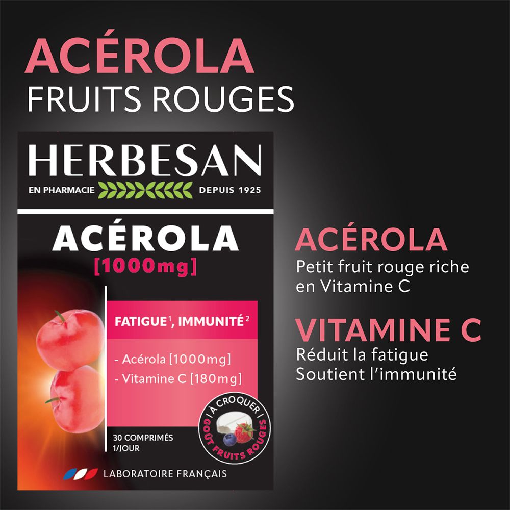 Fond noir avec HERBESAN® Acerola. Affiche des fruits d'acérola et des informations sur le produit. Contient 30 comprimés. Marque française.