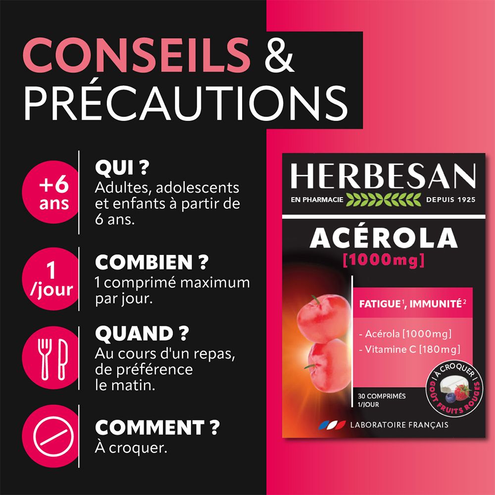 Fond noir avec HERBESAN® Acerola. Affiche des informations sur le produit et des directives d'utilisation. Contient 30 comprimés.
