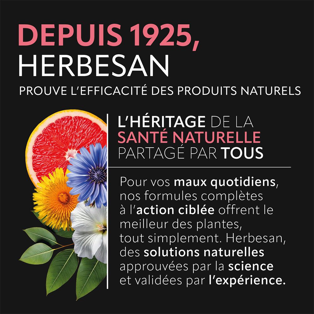 Fond noir avec des fleurs et des fruits. Affiche des informations sur la marque HERBESAN® et ses produits.