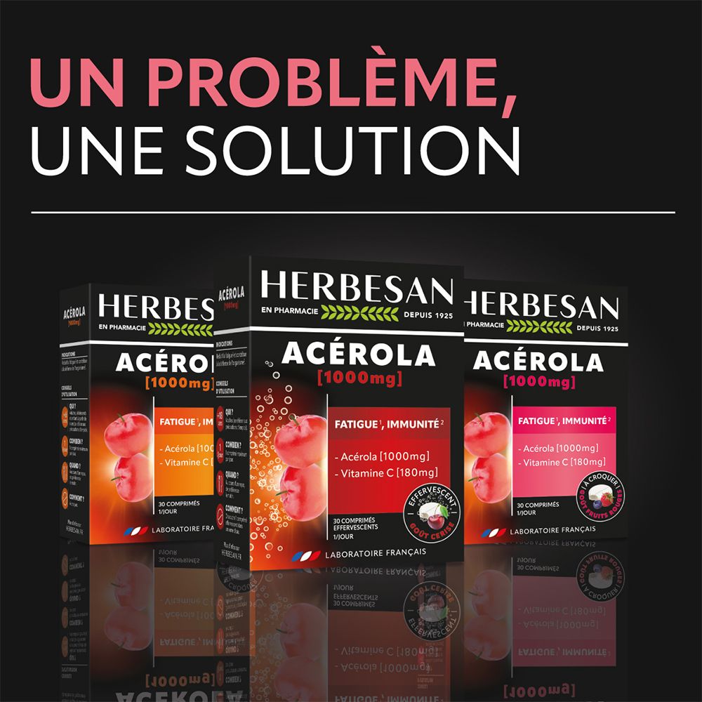 Trois boîtes HERBESAN® Acerola. Affichent des informations sur le produit et la conception de l'emballage. Contient 30 comprimés.