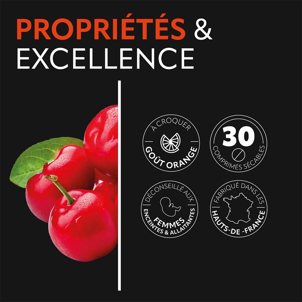 Gros plan sur les fruits rouges d'acérola et logos. Contient des informations sur le goût et l'origine. 30 comprimés, non pour femmes enceintes.