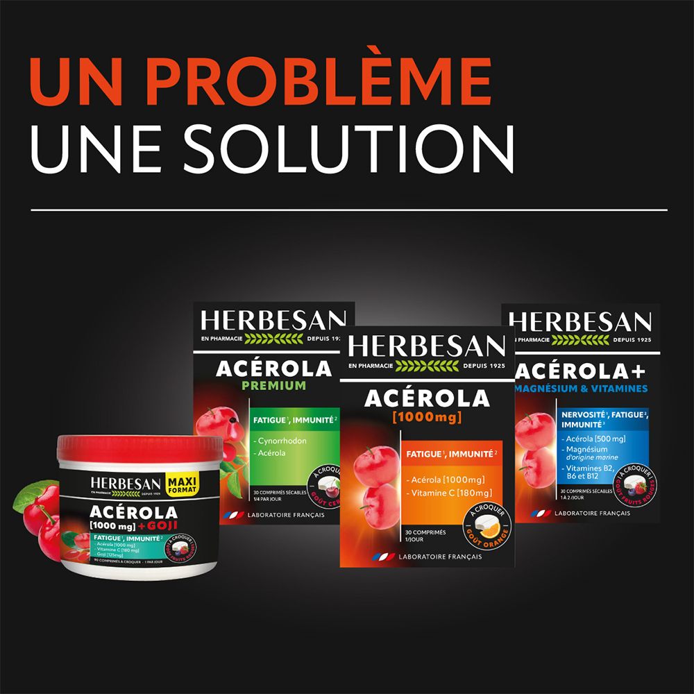 Divers produits Herbesan sur fond noir. Produits à base d'acérola, dont Acerola Premium et Acerola+.
