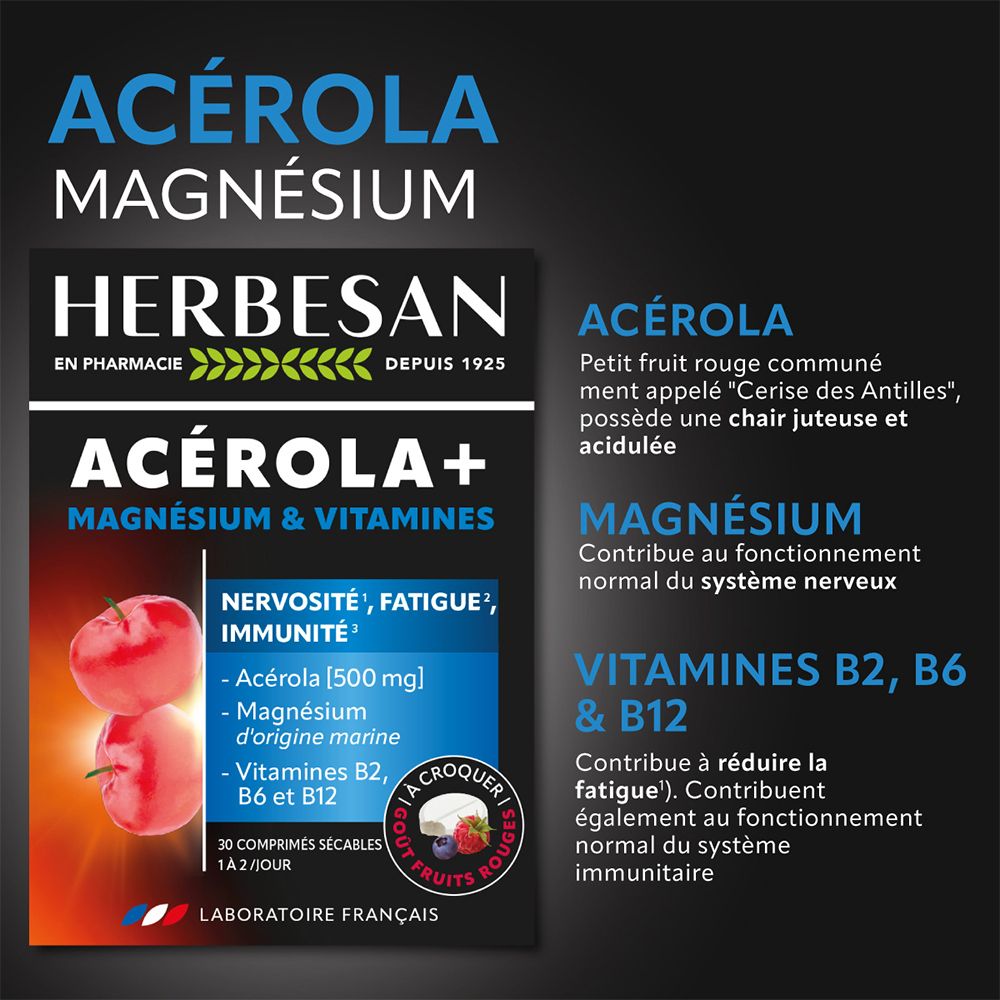 Boîte HERBESAN® Acérola + Magnésium + Vitamines. 30 comprimés. Contient Acerola, Magnésium et Vitamines B2, B6, B12.