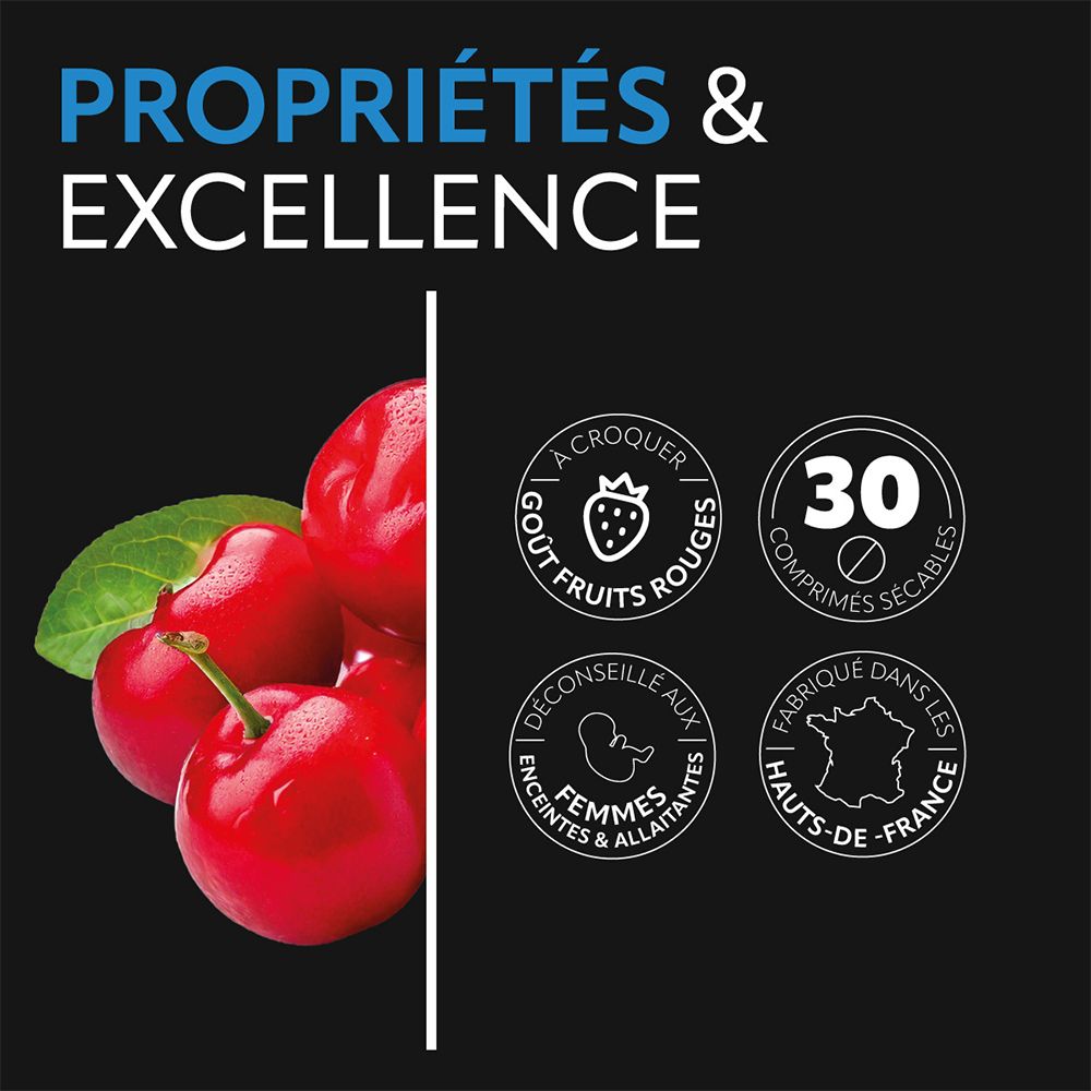 Logos : fruits rouges, 30 comprimés, déconseillé aux femmes enceintes et allaitantes. Fabriqué en Hauts-de-France.
