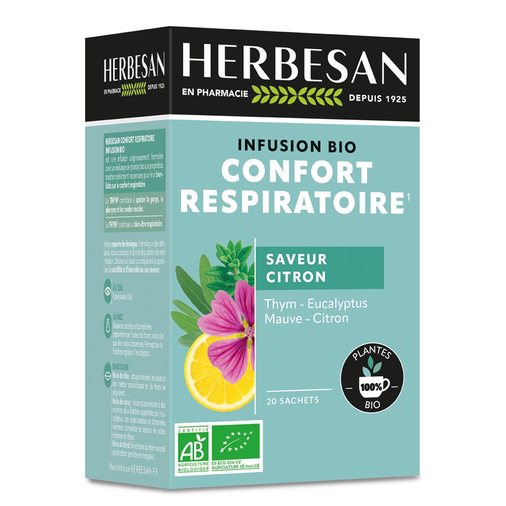 Boîte de thé Herbesan. Inscription: Infusion Bio Confort Respiratoire, 20 sachets, saveur citron. Label AB Bio.