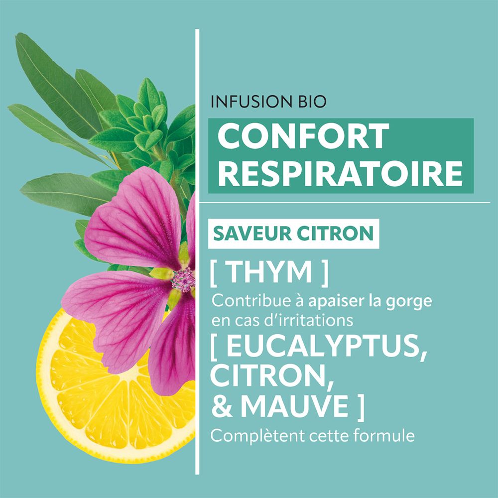 Infusion Bio Confort Respiratoire. Saveur citron. Contient thym, eucalyptus, mauve et citron. Texte en français.