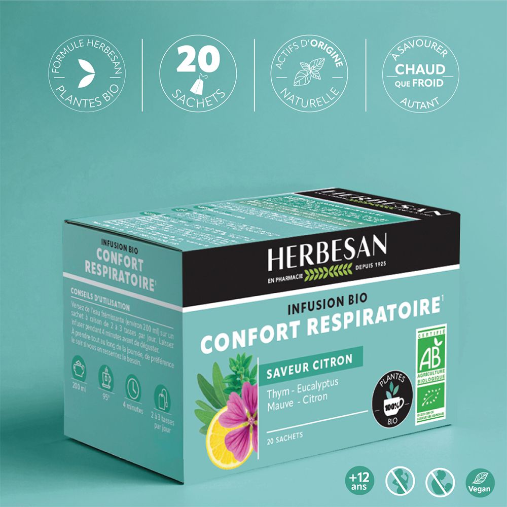 Boîte de thé Herbesan. Inscription: Infusion Bio Confort Respiratoire, 20 sachets, saveur citron. Label AB Bio.