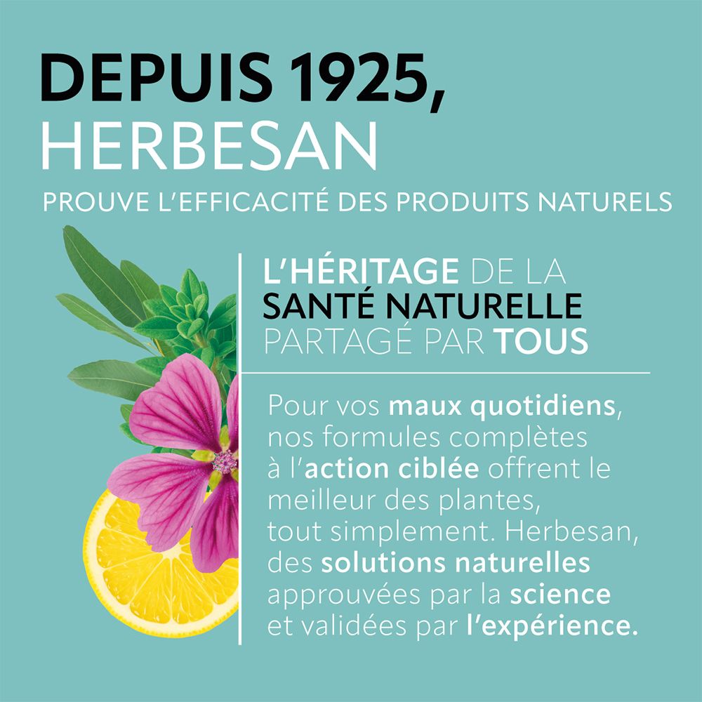 Texte: Depuis 1925, Herbesan. Santé naturelle. Solutions naturelles. Validé scientifiquement. Expérience.