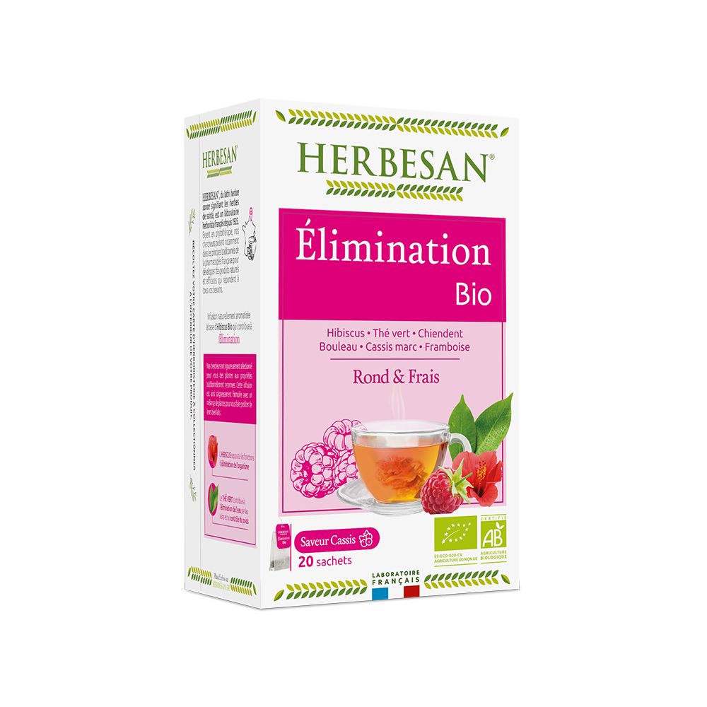 Boîte de thé Herbesan Bio, saveur framboise citron. Contient 20 sachets. Certification biologique française.