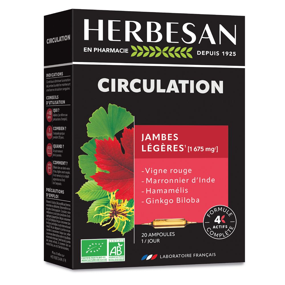Boîte noire HERBESAN® Circulation. Zone rouge avec texte. 20 ampoules. Certification AB Bio.