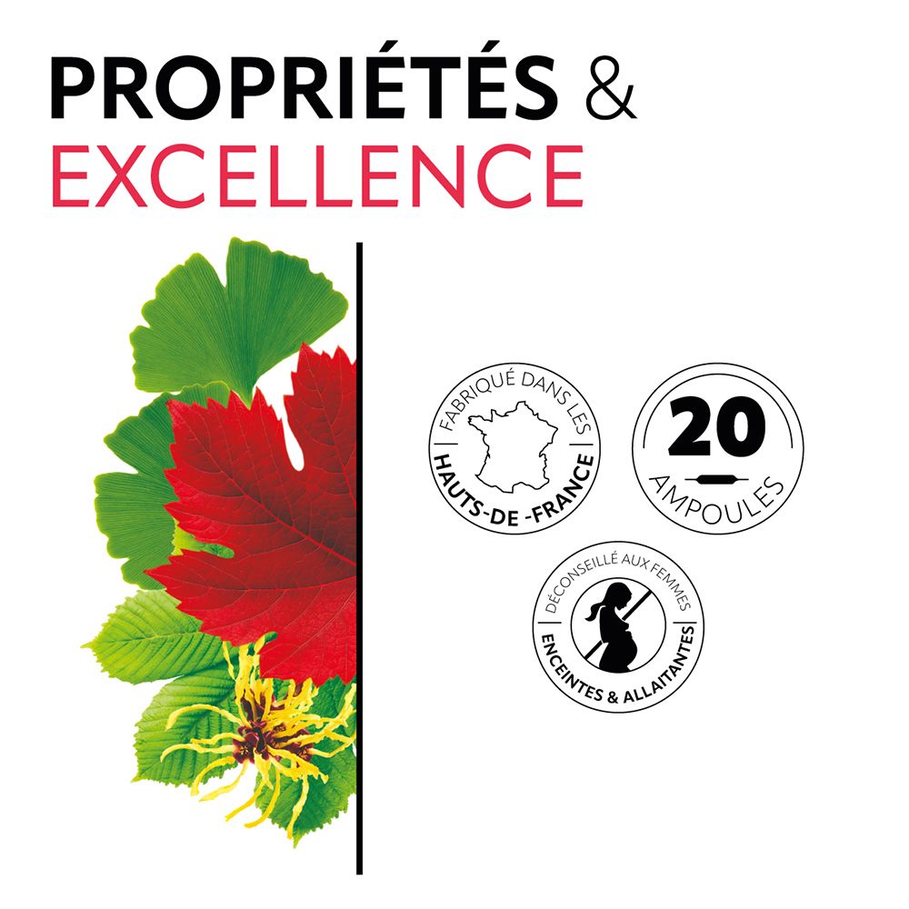 Graphique avec feuilles et logos. Symbole 20 ampoules. Logo 'Fabriqué en France'. Déconseillé femmes enceintes/allaitantes.