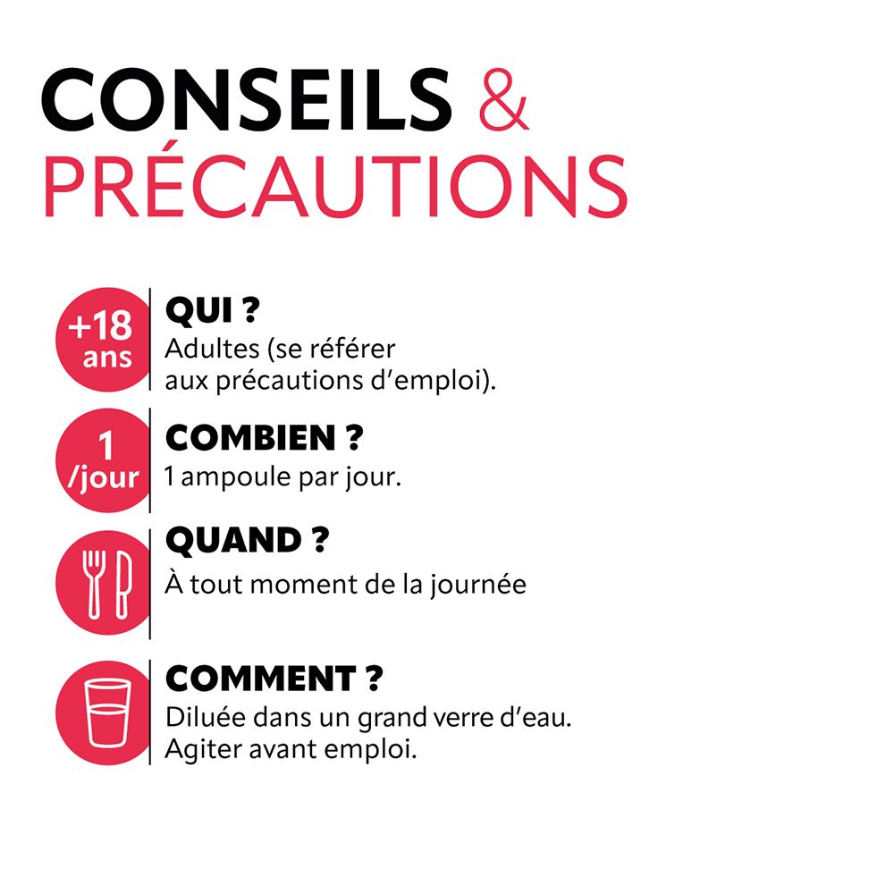 Instructions : Qui, combien, quand, comment. Symboles pour adultes, 1 ampoule/jour, à tout moment, dilué dans l'eau.