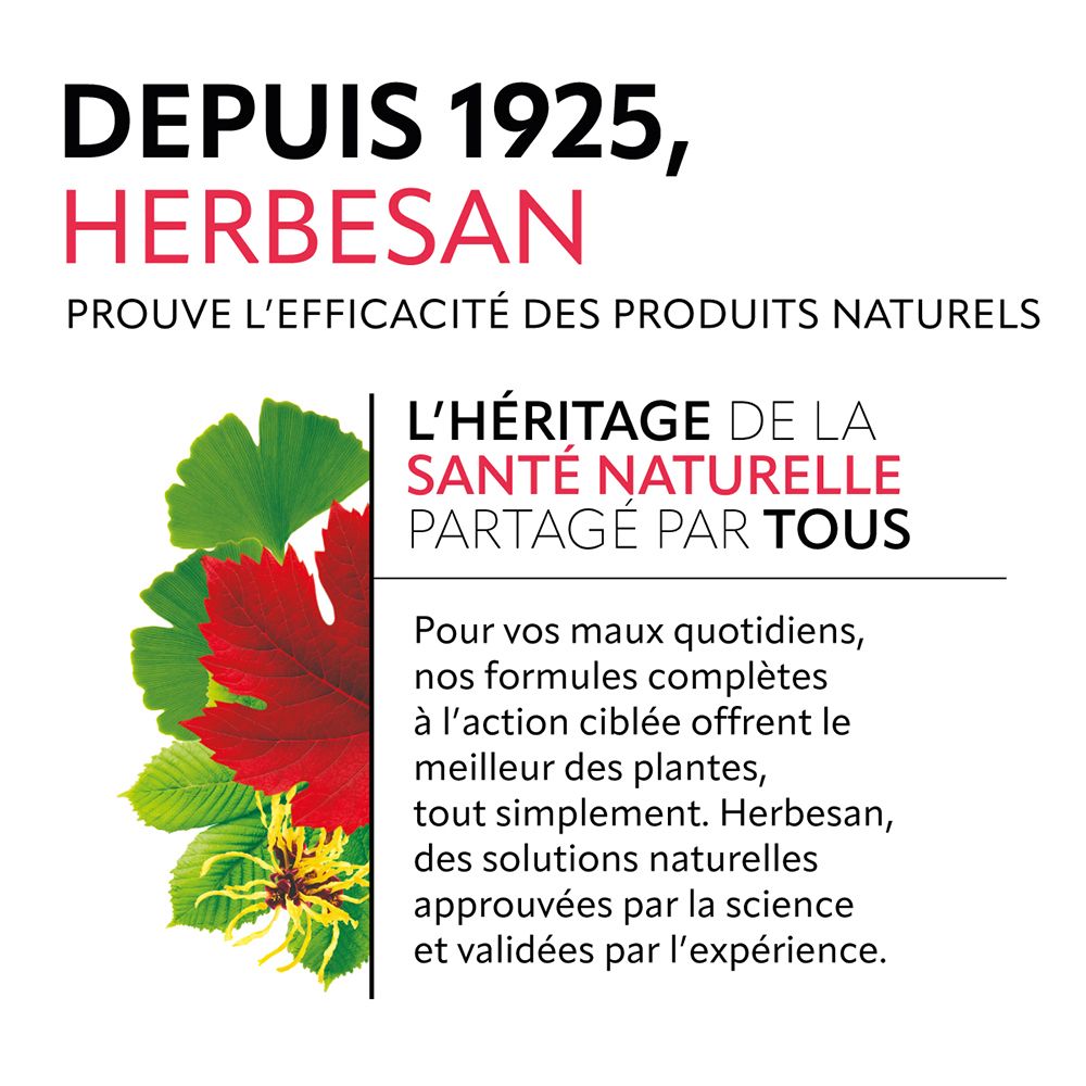 Texte sur HERBESAN® et les produits naturels. Graphique avec feuilles. 'L'Héritage de la santé naturelle partagé par tous'.