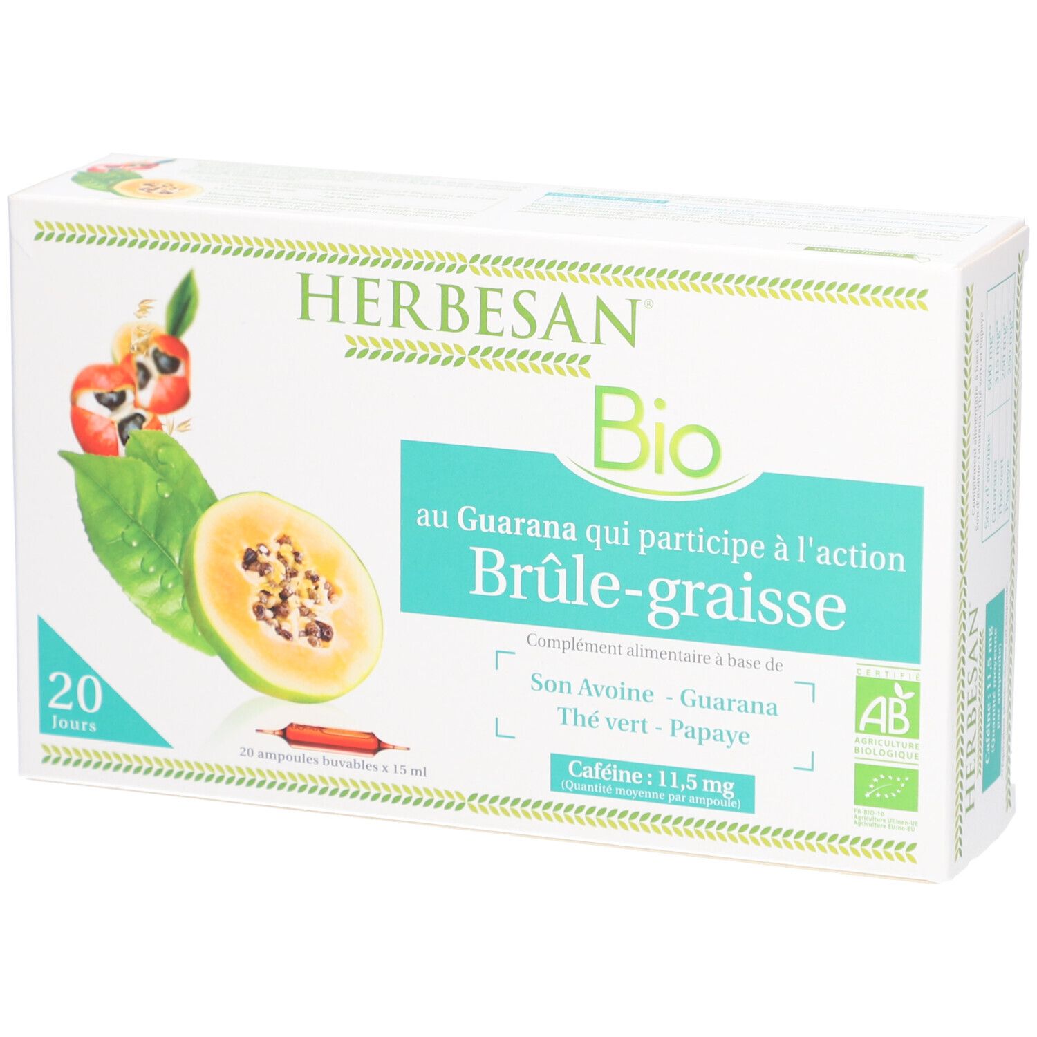 Herbesan Bio Brûle Graisse Guarana Thé Vert Papaye Avoine