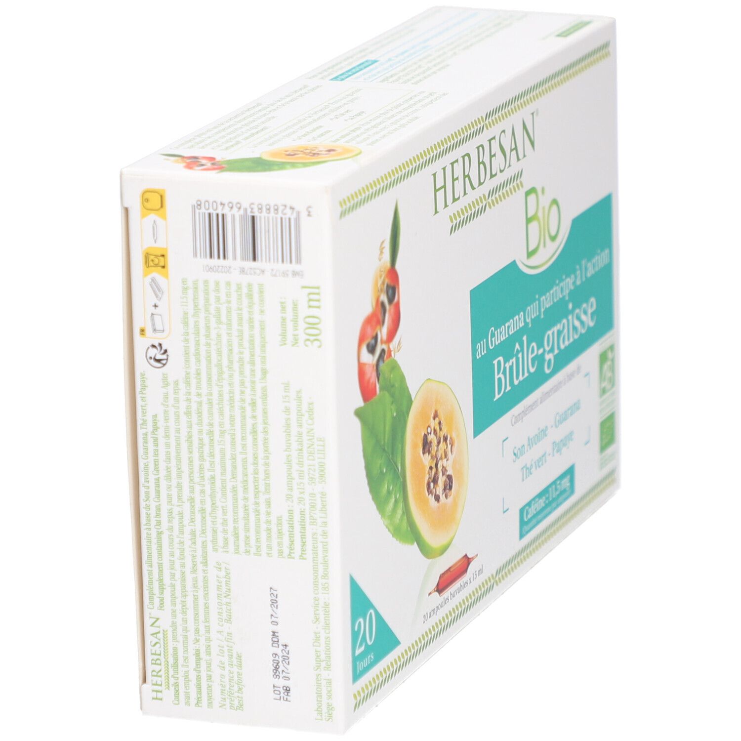 Herbesan Bio Brûle Graisse Guarana Thé Vert Papaye Avoine